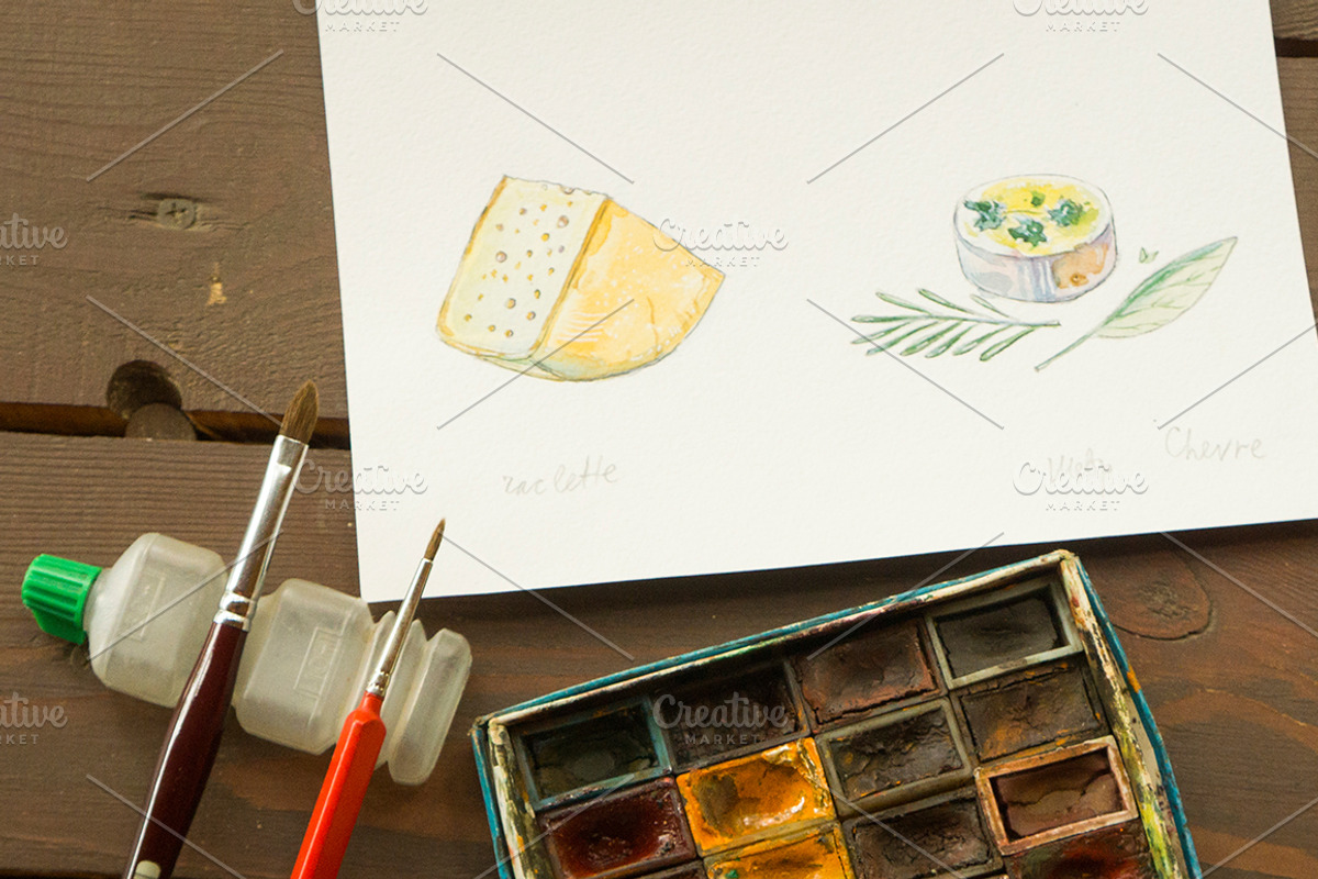 Watercolor cheese set-3, a Food Illustration by miminoshka (Photo 6 of 7)