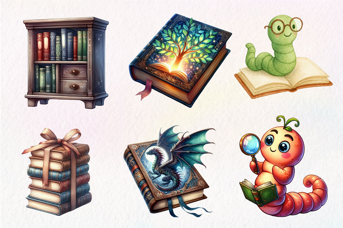 Bookworm Watercolor Clipart, an Illustration by Dream Creation (Photo 2 of 7)