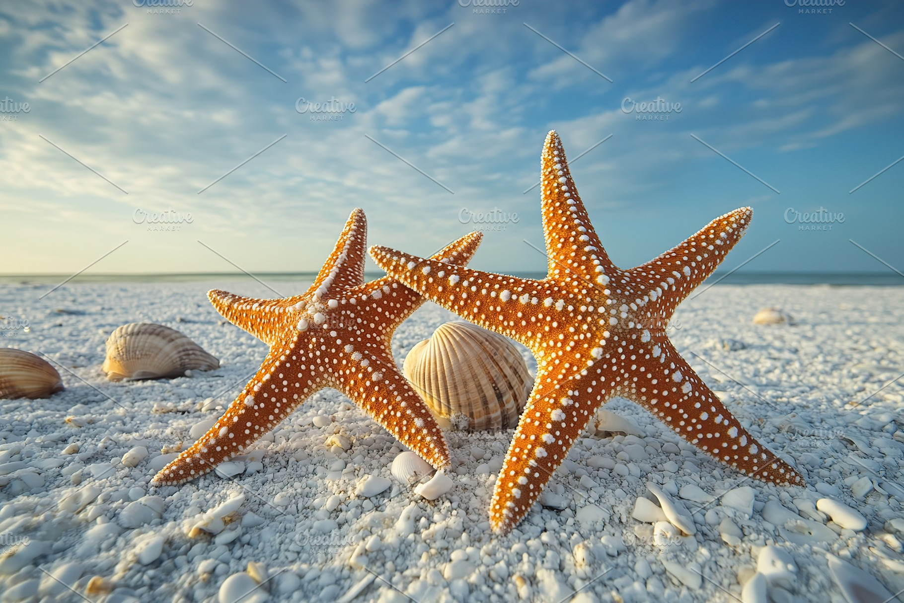 Starfish standing on white sandy beach under blue sky with clouds during daylig, an Animal Photo by AlyaAnd