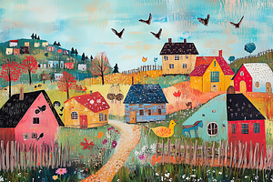 Folk Village Birds Flowers Print, a Decorative Illustration by Art Paradise Studios