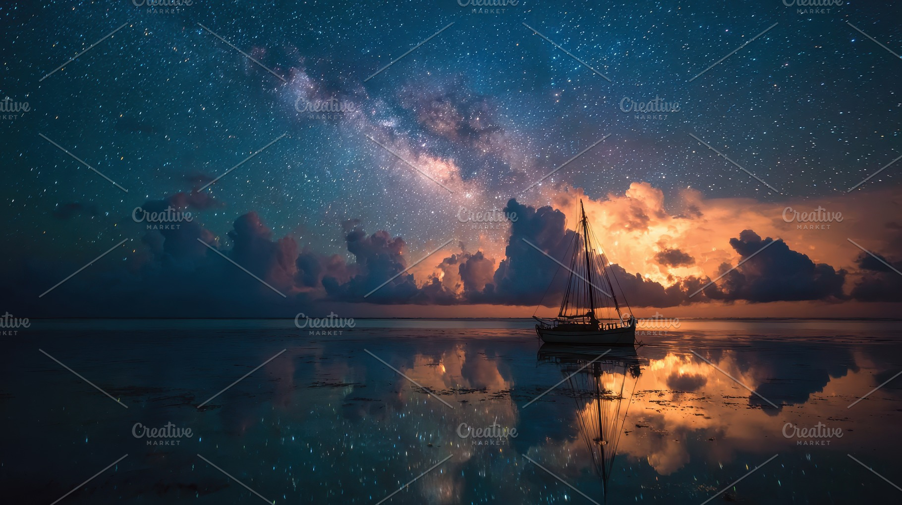 Sailboat at Sunset under Milky Way G, a Photo by Pixeness Studio
