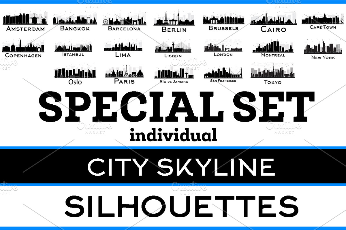 City Skyline Silhouettes Ind Set, an Illustration by Booblgum