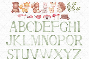 Woodland Watercolor Alphabet Clipart