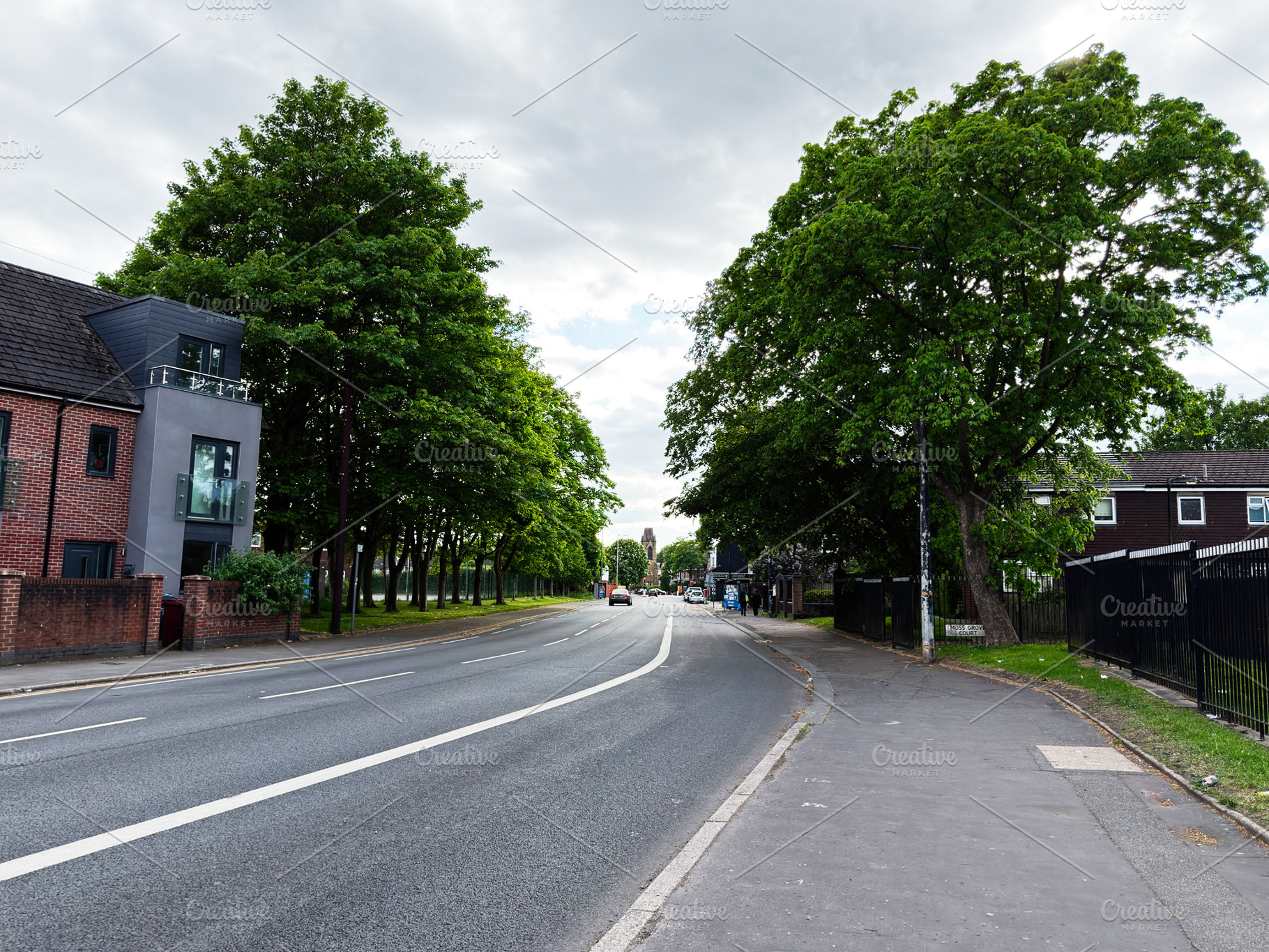 Quiet suburban road and tree lined street with residential build, a Photo by AS photostudio