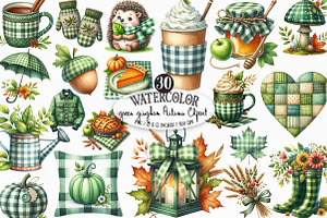 Green Gingham Autumn Clipart, an Illustration by Designking