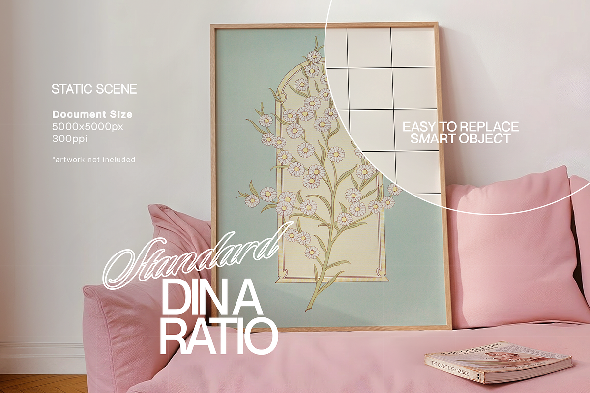 DIN A Frame Pink Couch Mockup (PSD), an Advertising Mockup by WasMockups (Photo 2 of 5)