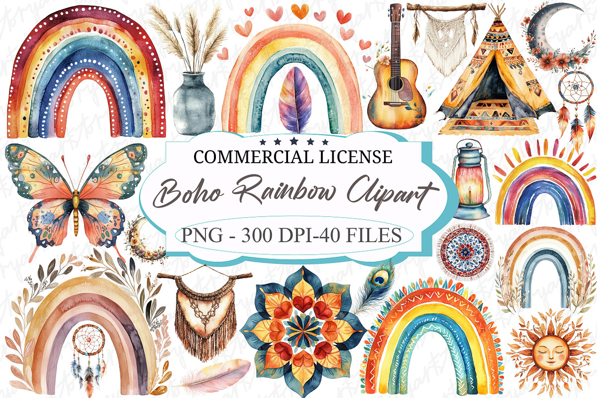 Watercolor Boho Rainbow Clipart, an Illustration by designcity5 (Photo 1 of 5)