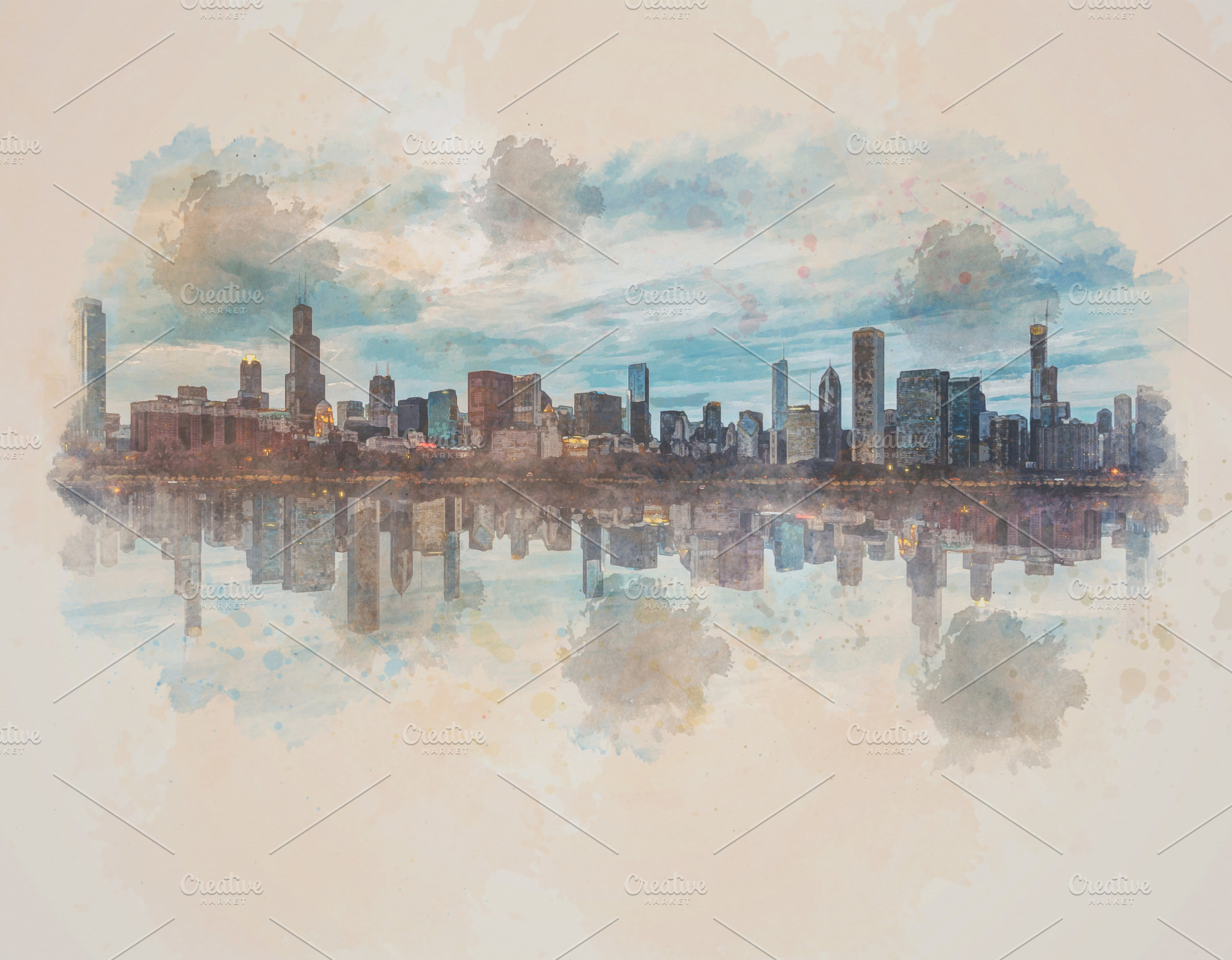 Digital Watercolor Scene of Chicago, an Architecture Photo by Tzido Gallery