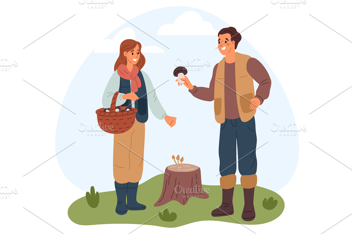 Young couple picking mushrooms and, a Person Illustration by Vectorbuum