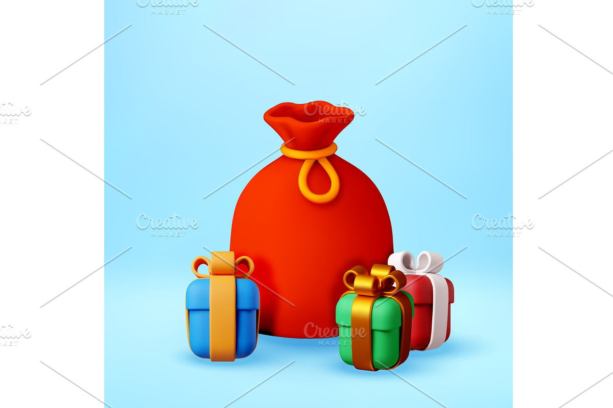 3D Red santa claus bag with gift, an Object Illustration by Abscent