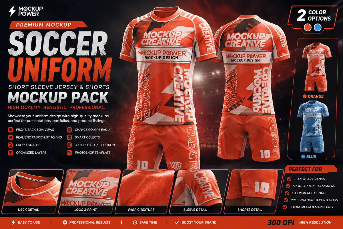 Soccer Kit Short Round Mockup 4 View, a Shirt Mockup by Mockup Power (Photo 1 of 4)