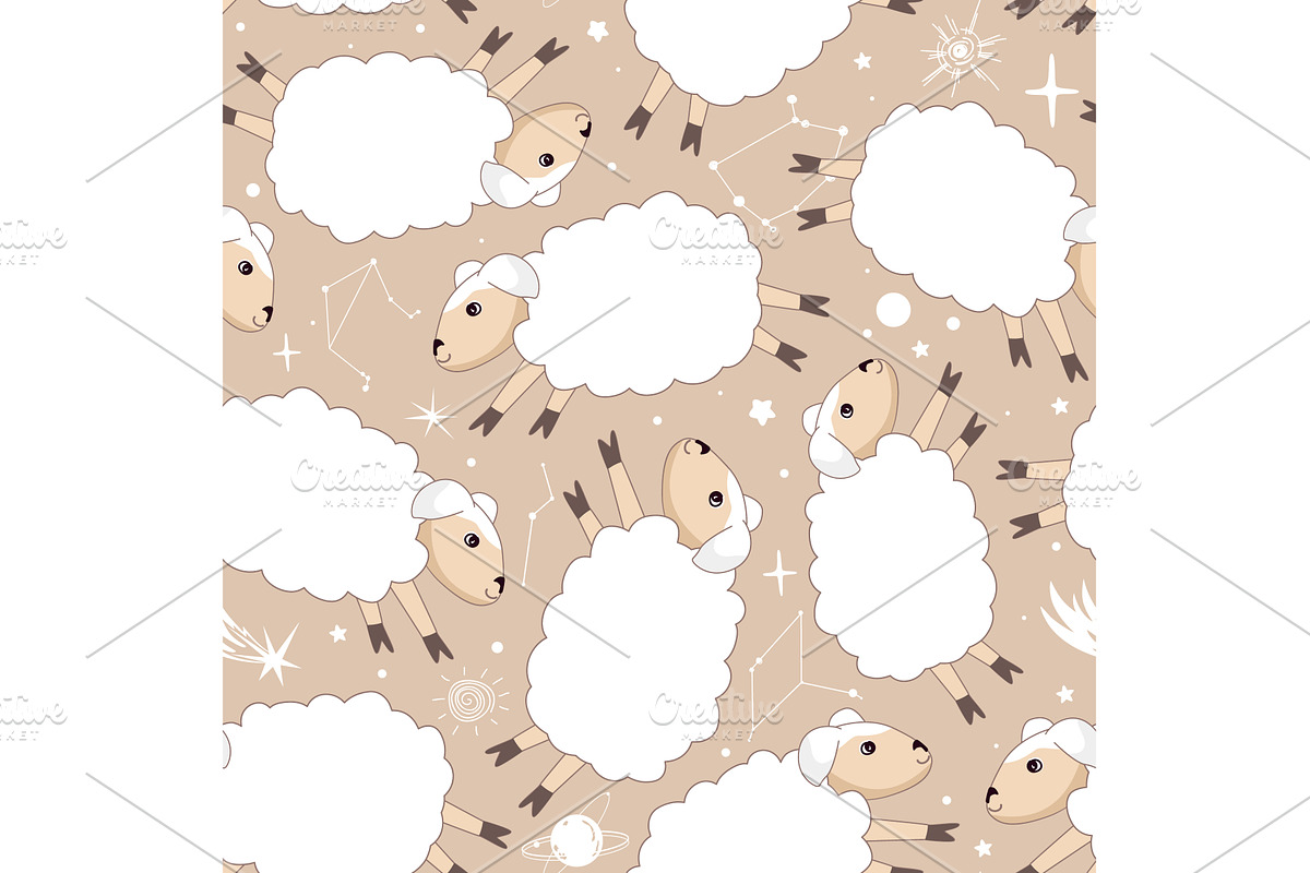 Cute sheep in the night sky seamless, an Illustration by Toltemara