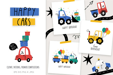 Happy Cars – Kids Clipart Set, a Transportation Illustration by Irina Ostapenko