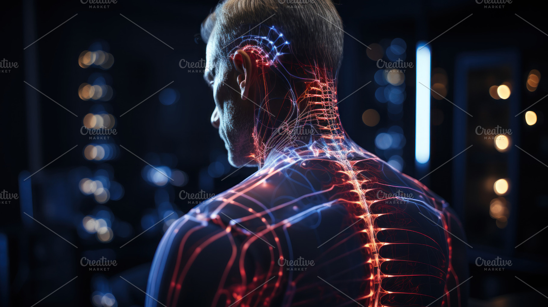 Digital composite of highlighted human neck pain in dark room wi, a Person Photo by AS photostudio