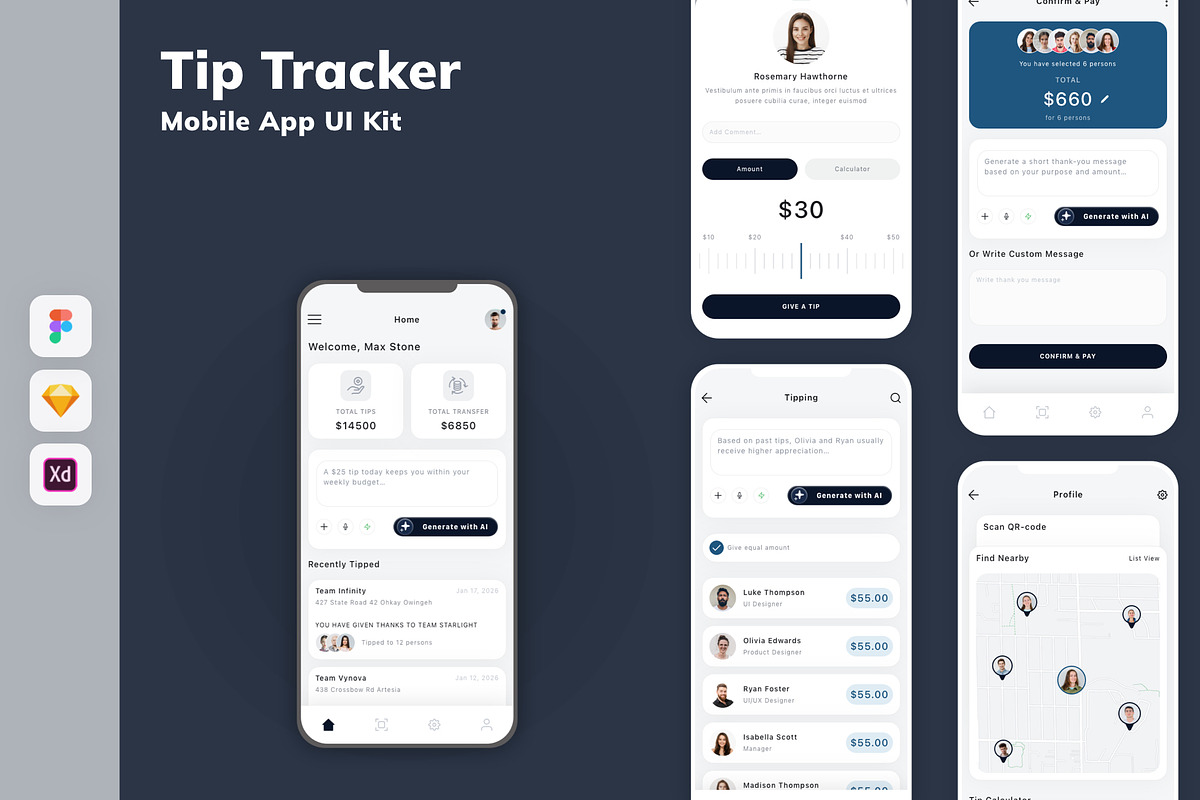 Tip Tracker Mobile App UI Kit, an UI Kit Template by uicube