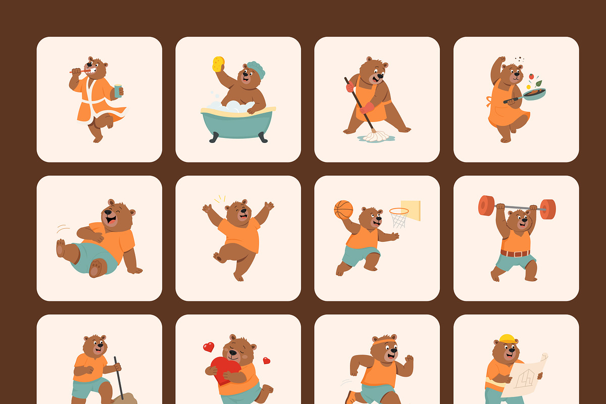 Flat Bear Characters Illustrations, an Animal Illustration by Brickclay (Photo 9 of 10)
