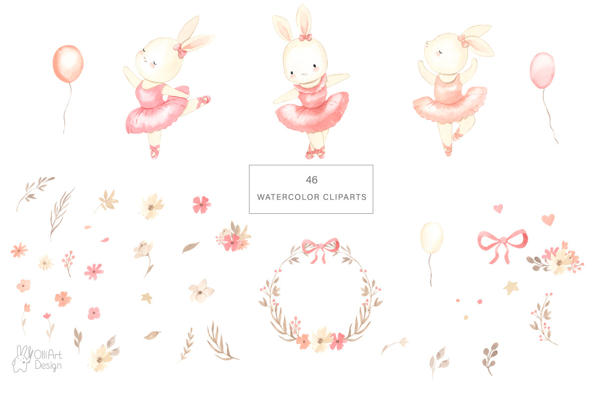 BUNNY BALLERINAS clipart.Watercolor, an Illustration by OlliArtDesign (Photo 2 of 5)