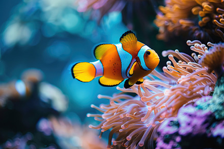 Clownfish in aquarium with blue water and corals, an Animal Photo by AlyaAnd
