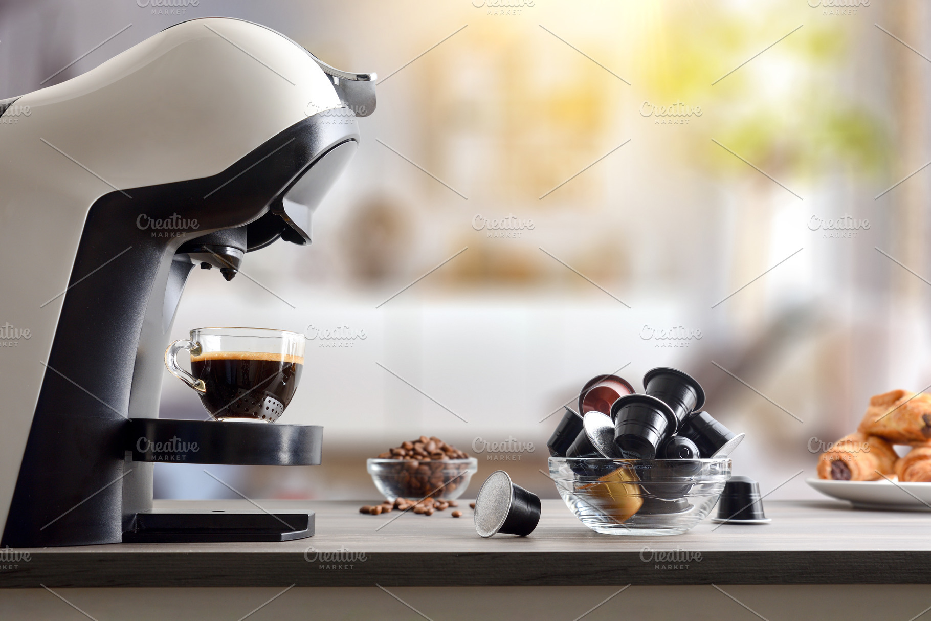 Preparing breakfast coffee with espresso machine in living room, a Food & Drink Photo by Davizro's Market