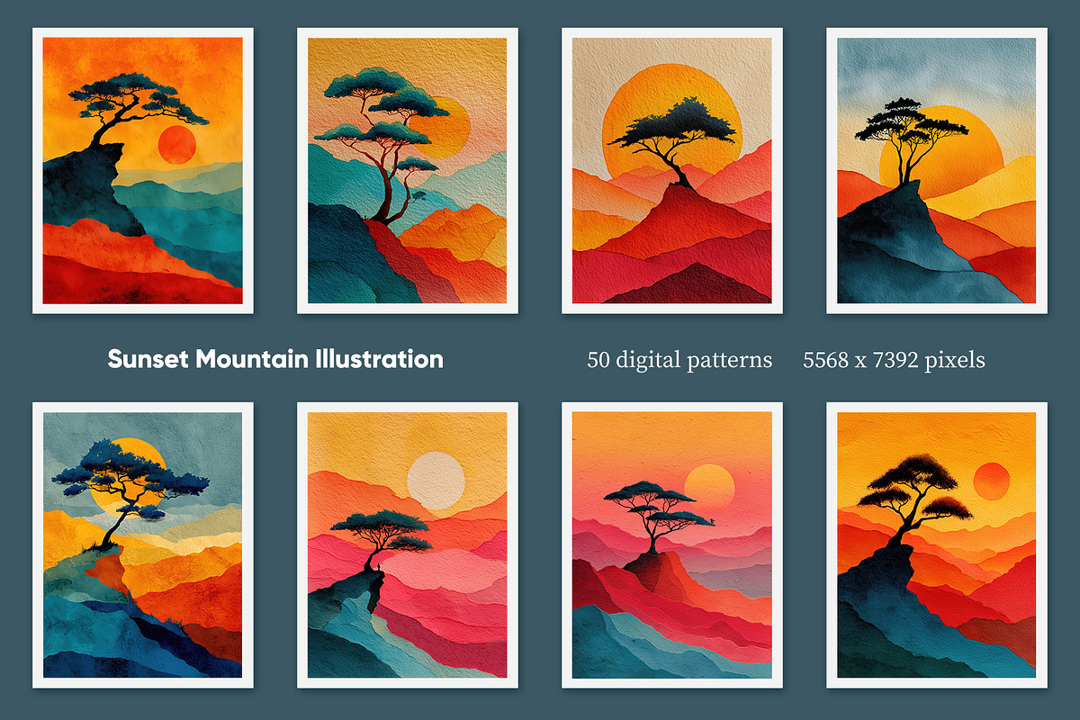 Sunset Mountain Illustration, a Decorative Illustration by Housui Patterns (Photo 2 of 12)