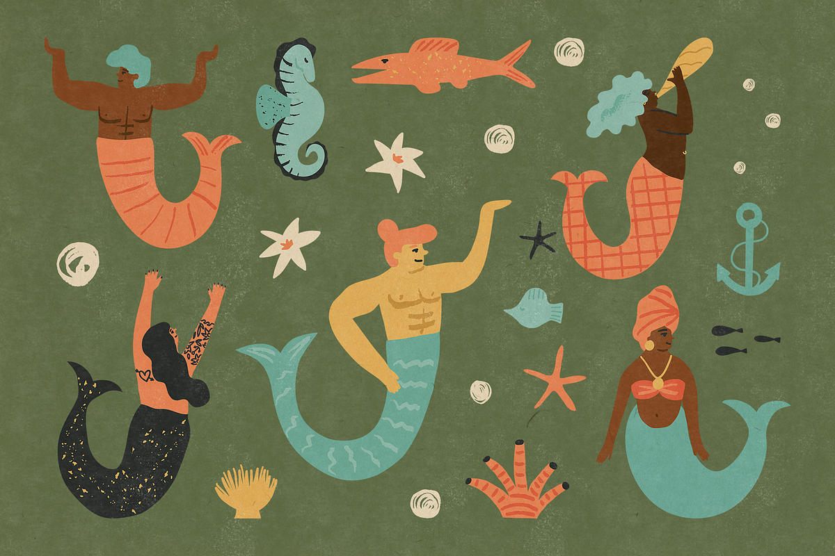 Retro Mermaids clipart and patterns, a Person Illustration by Paper Cherry (Photo 2 of 18)