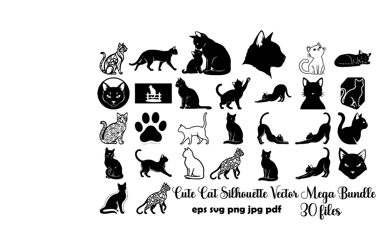 Cute Cat Silhouette Vector Mega, an Animal Illustration by Designer_Momina (Photo 1 of 31)