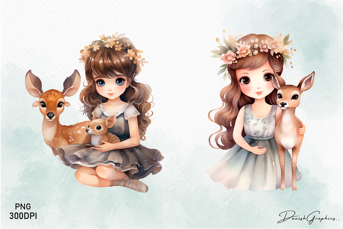 Princess & Deer Watercolor Clipart, an Animal Illustration by danishgraphics (Photo 2 of 5)