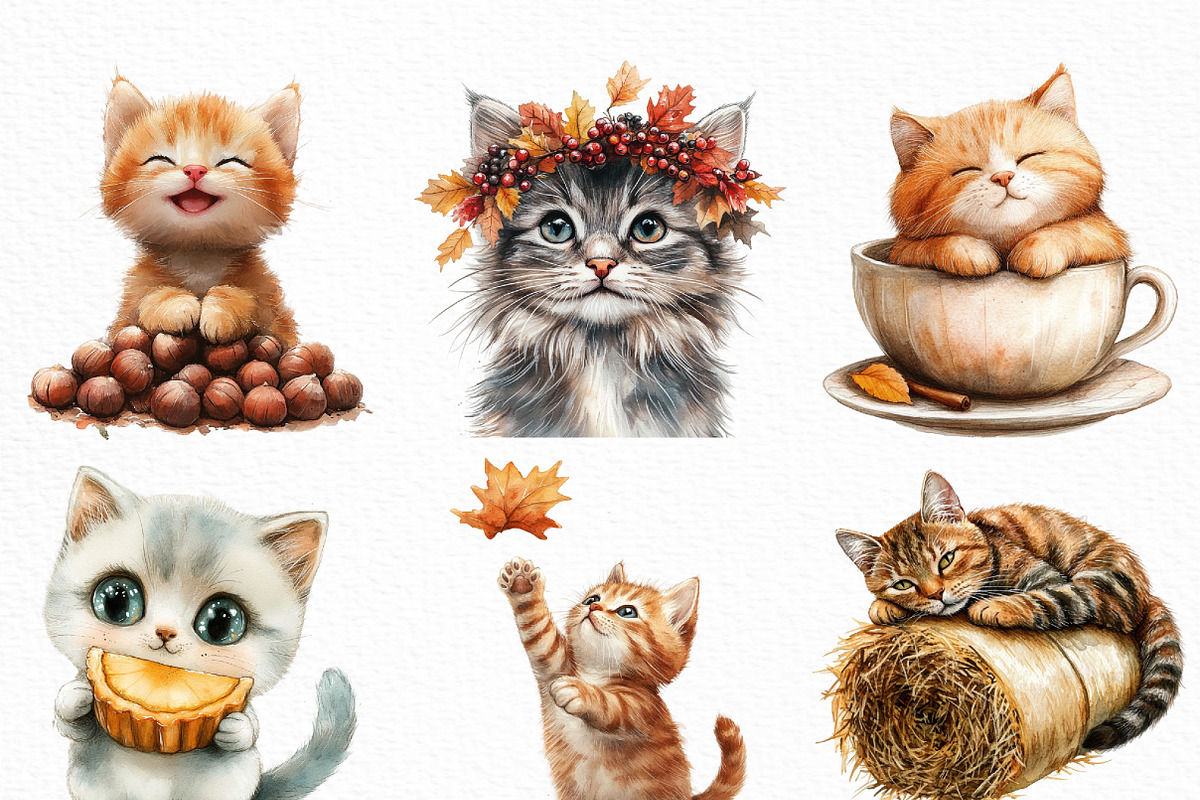 Watercolor Autumn Cat Clipart Bundle, an Illustration by Craft Nest (Photo 4 of 6)