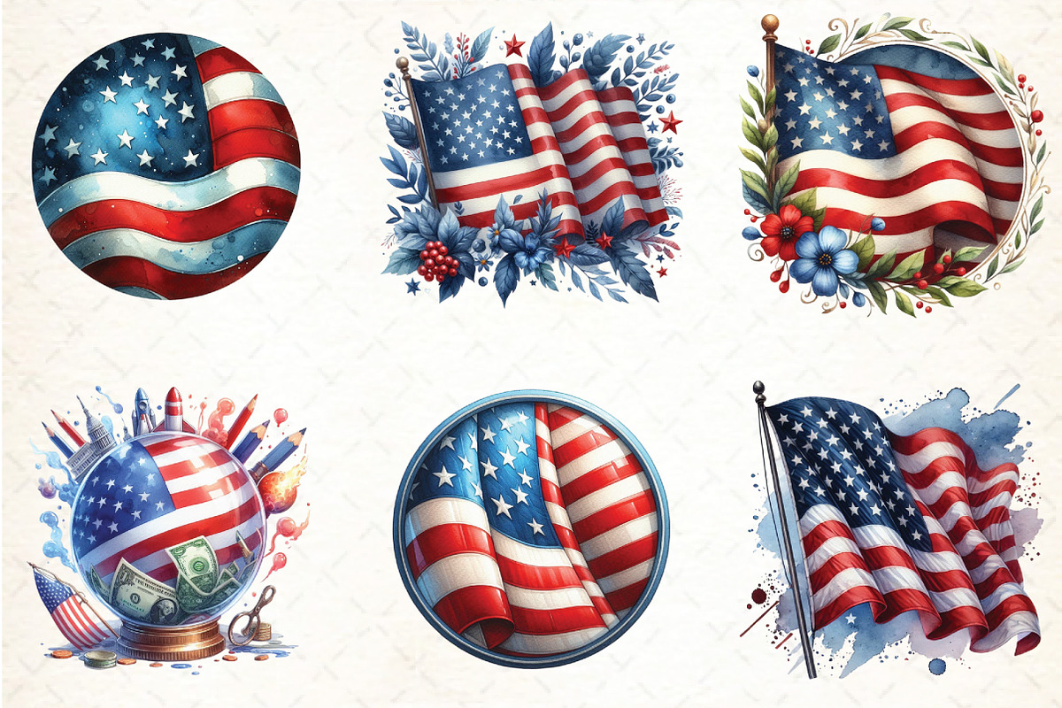 American Flag Watercolor Clipart Bun, an Illustration by DreamCafeArt (Photo 2 of 3)