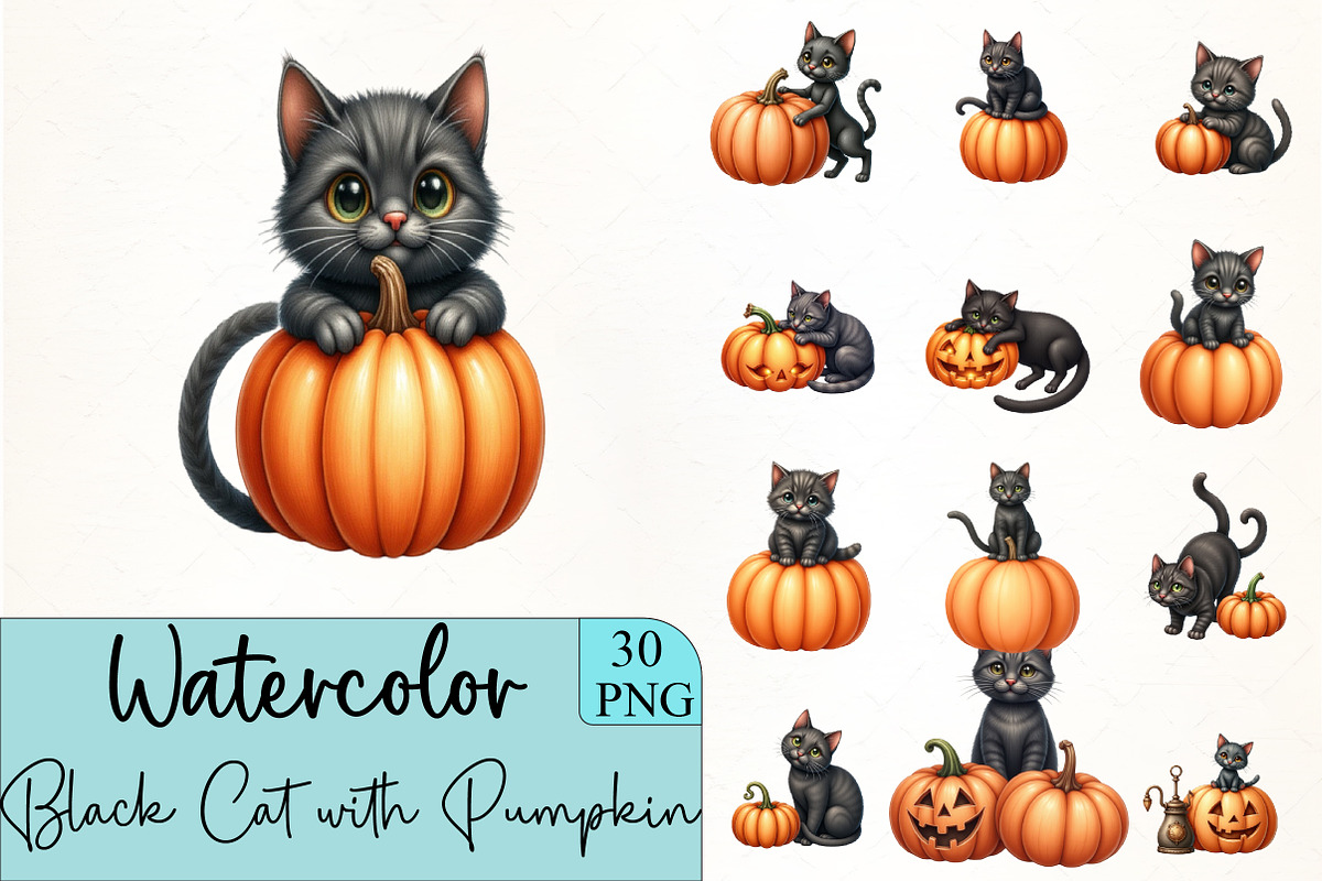 Black Cat with Pumpkin Clipart, an Illustration by CrexoraLab (Photo 1 of 5)