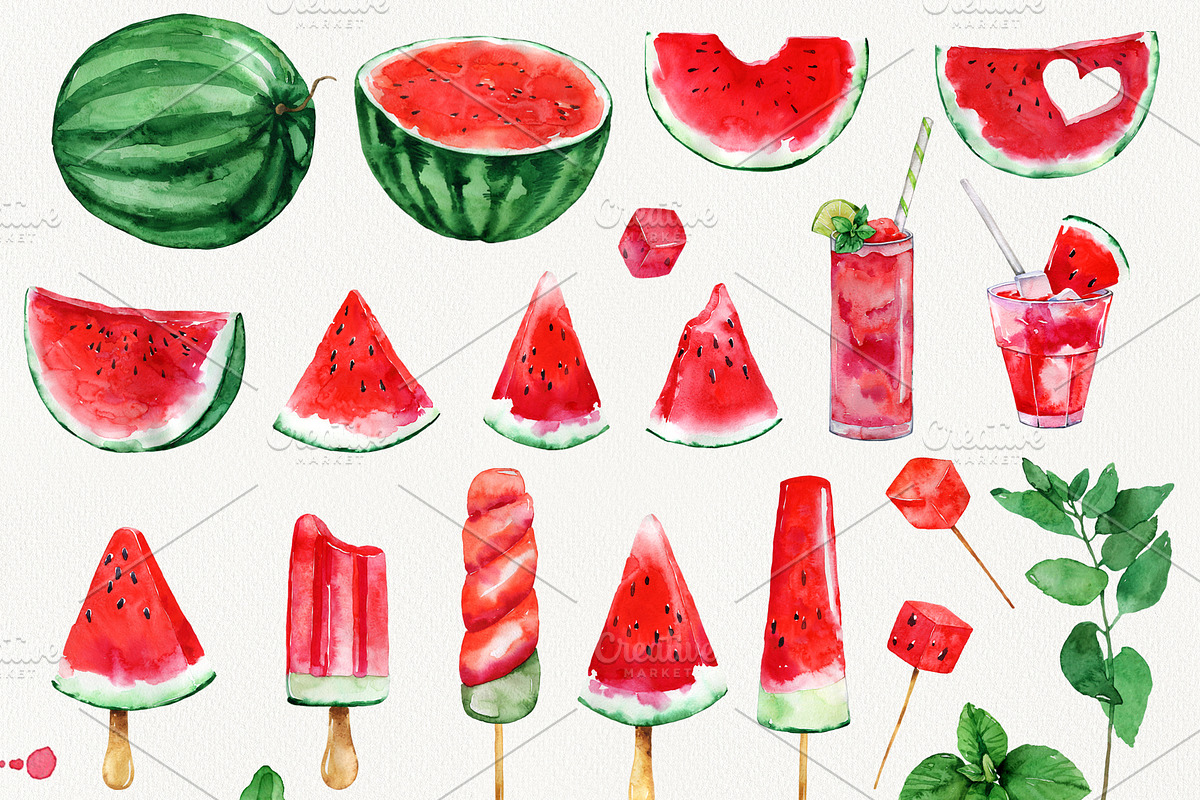 Watercolor Watermelon Cliparts, a Food Illustration by TanyaOak (Photo 2 of 4)
