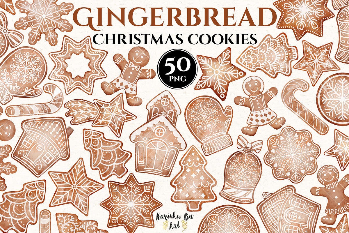 50 Watercolor Christmas Gingerbread, a Decorative Illustration by KarinkaBU (Photo 1 of 8)