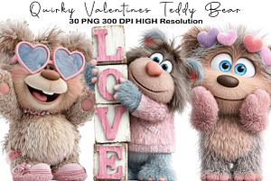 Quirky Valentines Teddy Bear Clipart, an Illustration by Black Bird Studio
