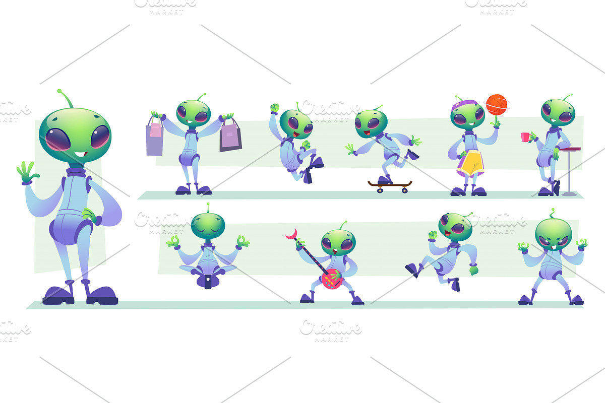 Aliens. Cartoon mascot in action, an Illustration by Onyx