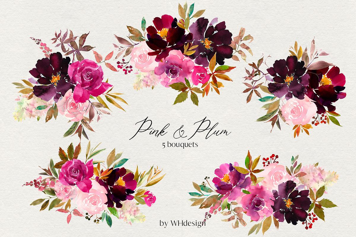 Pink Plum Watercolor Floral Clipart, an Illustration by whiteheartdesign (Photo 2 of 9)