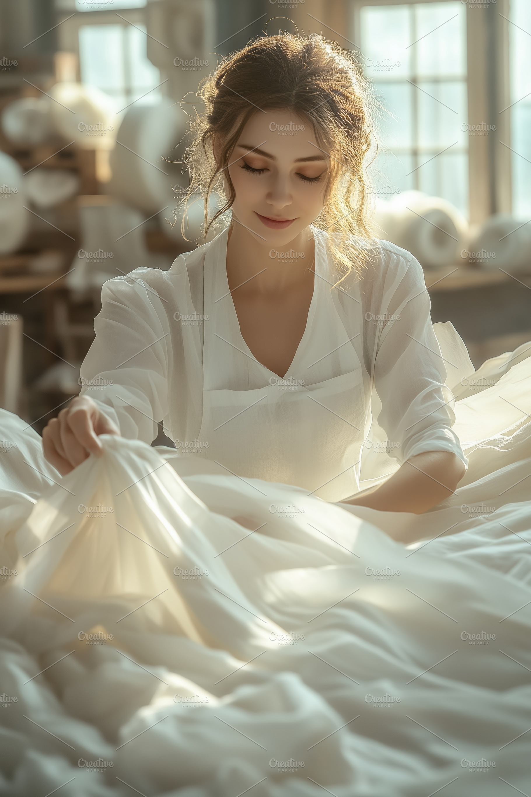 A young garment technologist woman in a bright, airy workshop is delicately han, a Person Photo by Textures & Backgrounds