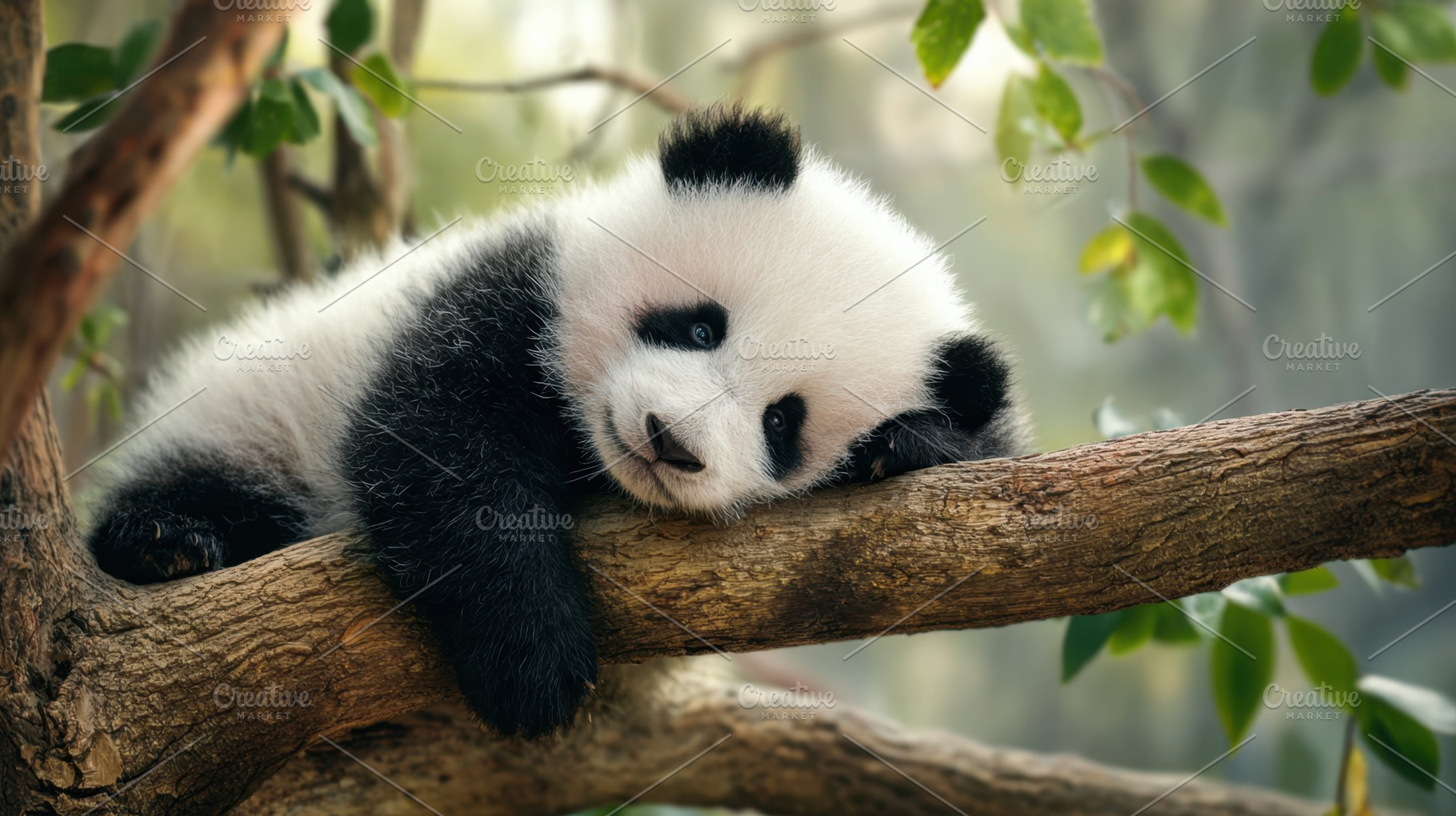 Panda cub resting on a tree branch, a Photo by Beautiful things