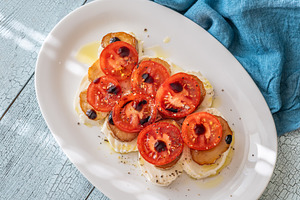 Elegant Caprese salad with mozzarella tomatoes king oyster mushr, a Food & Drink Photo by Alexander Prokopenko