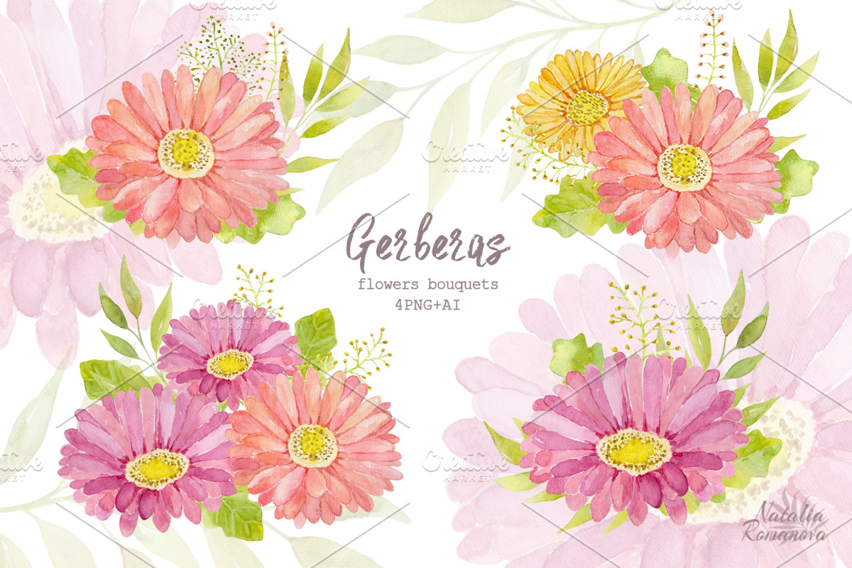 Watercolor set of gerbera flowers, a Decorative Illustration by BrushArtDesigns (Photo 5 of 9)