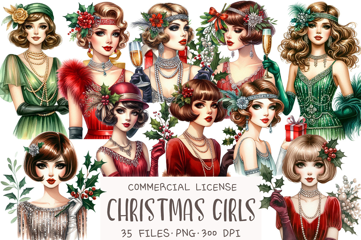 1920 Coquette Christmas Girl Clipart, an Illustration by OK Design (Photo 1 of 5)