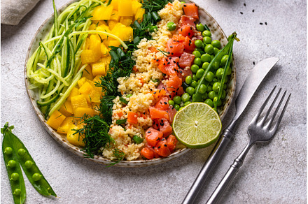 Healthy bowl with salmon and