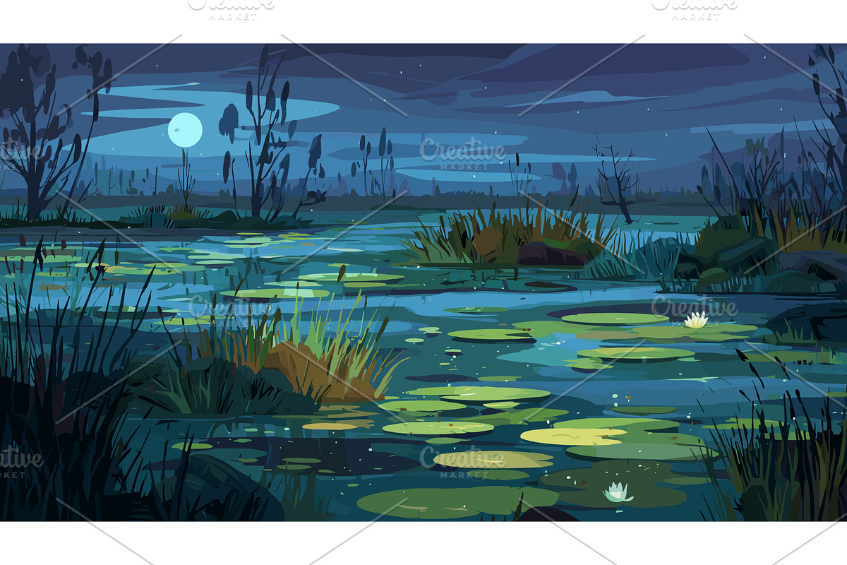 Night marsh. Swamp cartoon, an Illustration by Stock-Smart-Start