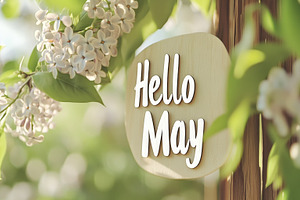 Hello May sign surrounded by fresh, a Photo by Dvoevnore photos