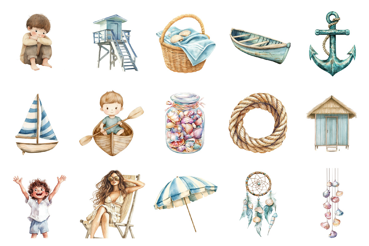 Boho Beach Clipart Coastal Kids, an Illustration by Design Market (Photo 3 of 4)