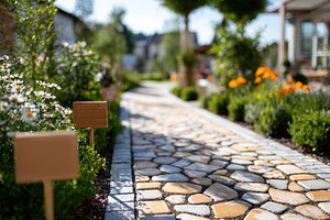 Beautiful garden path lined with flowers and greenery on a sunny day in spring, a Nature Photo by AlyaAnd