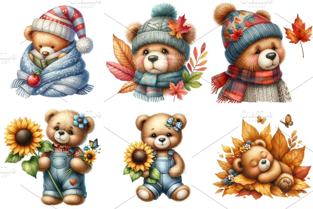 Autumn Teddy Bear Clipart, an Illustration by Watercolor design (Photo 4 of 4)