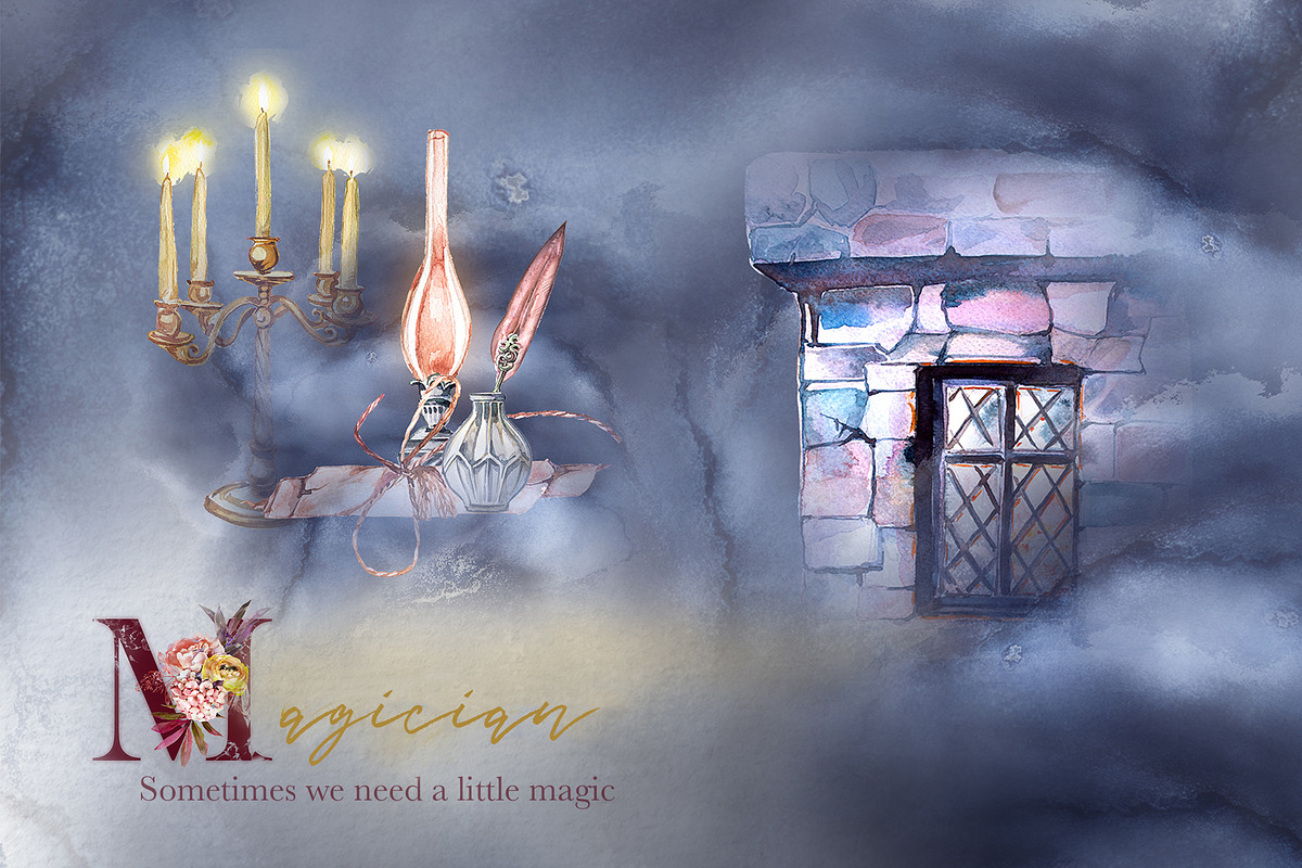 Sale!Watercolor Magician Clipart Set, a Decorative Illustration by ArtCreationsDesign (Photo 1 of 9)