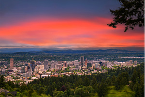 Sunset over skyline of Portland