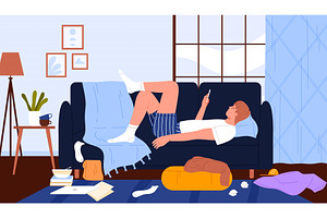 Lazy sad man with phone in hand, an Object Illustration by Flashvector