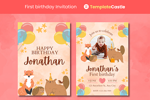2 First Birthday Invitations Cute, a Templates & Theme by TemplateCastleStore